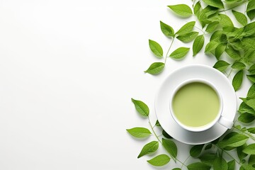 Healthy Light Green Tea Cup with Fresh Green Leaves - obrazy, fototapety, plakaty