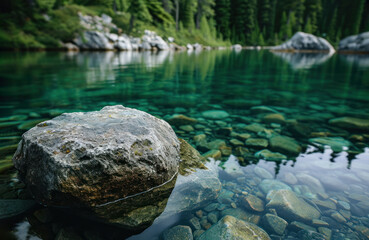 Rock in Forest Lake With Crystal Clear Water