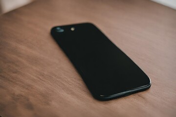 Smartphone with black screen on the wooden table in the office.