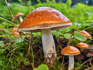 Lactarius Resimus or Milk Mushroom in Green Grass, Mushroom Hunting or Gathering Wild Mushrooms