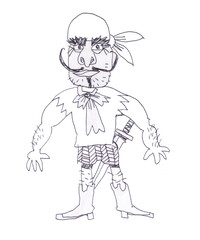 Pirate character, comic hero. Funny robber. Ink sketch.