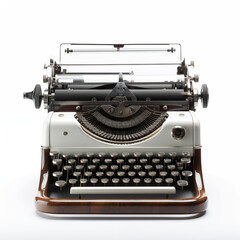 vintage old-fashioned white typewriter with wood-glazed finish close-up on white background