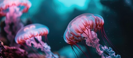 Pair of pink jellyfish in dim water - obrazy, fototapety, plakaty