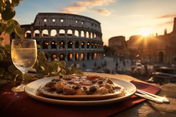 Culinary Flavors in Rome: A Rustic Table at a Cozy Café, Accompanied by Wine - The Majestic Colosseum Provides a Stunning Backdrop to the Sunset Dining Experience. - obrazy, fototapety, plakaty