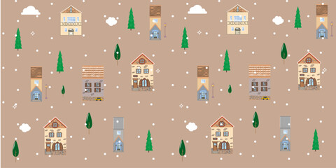 Winter city pattern, Christmas seamless background,  houses and trees, falling snow on brown kraft paper