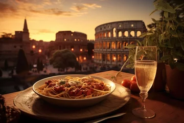 Poster Classic Flavors in Rome: Spaghetti Bolognese on a Rustic Table at a Cozy Café, Accompanied by Full-Bodied Red Wine - The Majestic Colosseum Provides a Stunning Backdrop to the Sunset Dining Experience © Mr. Bolota