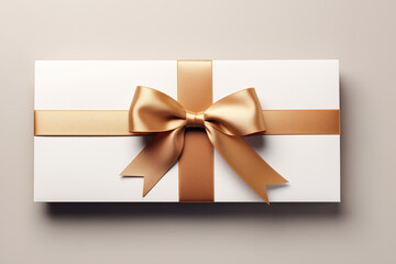 White gift box with golden ribbon bow, isolated on beige background with shadow, minimal concept, 3D rendering