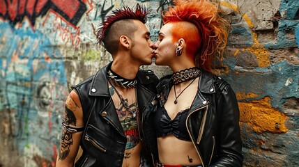 retro punk couple with mohawk hairstyle - obrazy, fototapety, plakaty
