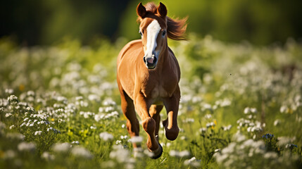 A young foal playfully running in a meadow filled with wildflowers.