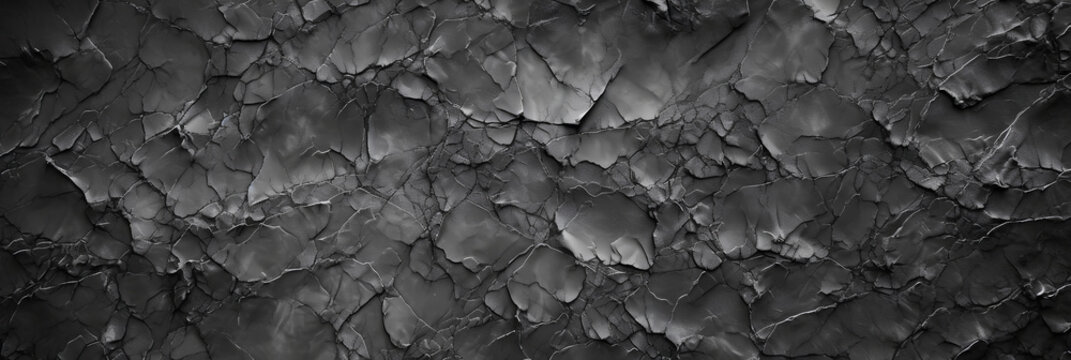 Panoramic black stone background banner design. Dark rock grunge texture. Mountain surface close-up cracked empty copy space