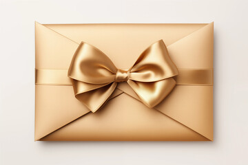 Blank gold gift card with golden ribbon bow or gift voucher in gold envelope, isolated on white grey background with shadow, minimal concept, 3D rendering