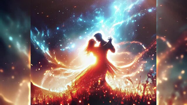 Immerse yourself in the magic of dancing under the starry sky with this captivating scene of two silhouettes dancing with grace and harmony, their synchronized movements illuminating the darkness