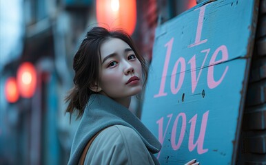 a lovely asian girl wearing a blue coat is holding a blue board with "love you" in pink. Valentine concept. Generative AI