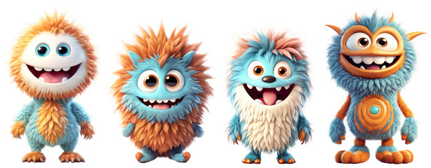 Set of funny shaggy furry cheerful monsters with big eyes and smiling mouths with big white teeth, isolated on transparent background. Children's cartoon characters or cute soft toys. Generative AI - obrazy, fototapety, plakaty