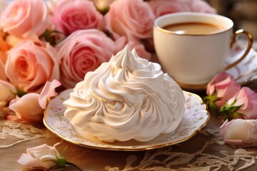 White Pink Meringue Cookies, Tea Cup and Flowers, Traditional Whisk Merengues, Baked Whisking Cream