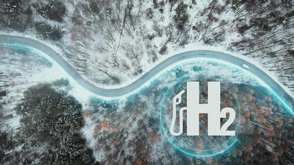 Hydrogen H2O Car producing electricity while driving on a winter forest road - obrazy, fototapety, plakaty