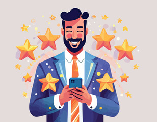 Businessman using smartphone to give five-star symbol for highest satisfaction, 5-star feedback, reputation and quality Concept of standardization and quality in products and services