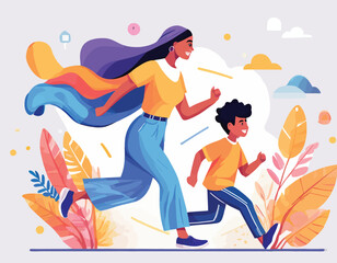 Mother with child running - Parent in a hurry with son being late for work. Stress and parenthood time crunch concept in flat design vector illustration