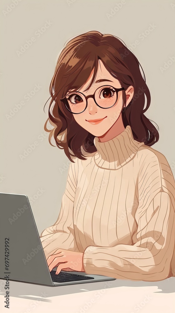 Poster a cartoon of a young woman in glasses typing on a laptop, 