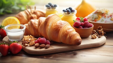 Savor a sumptuous continental breakfast featuring flaky pastries, buttery croissants, assorted cheeses, crunchy nuts, fresh fruits, and refreshing juice. A delightful and diverse morning spread.
