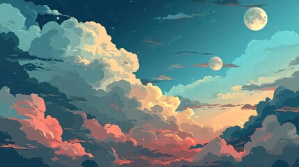 illustration landscape, mountains, moon, clouds, light pink and light beige, dark brown and sky-blue  - obrazy, fototapety, plakaty