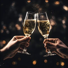 Two hands with champagne glasses cheering, toasting, cheering