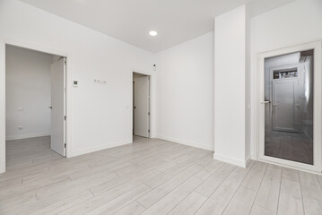 An empty room with gray parquet floors, white painted walls and white wooden access doors to other rooms