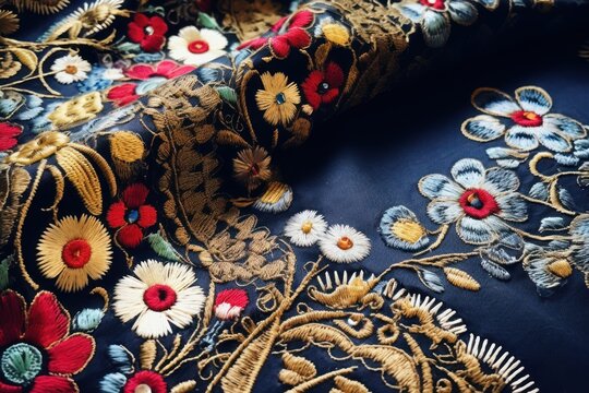 Close-up of folk embroidery. Bright multicolored embroidery on blue fabric. Floral embroidery.