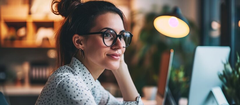 Young woman sharing positive business news while working at her office desk.