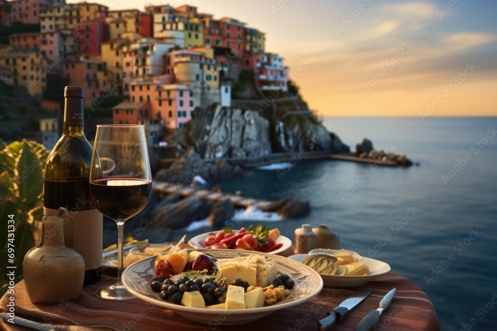 Wall mural cinque terre delights: italian pasta and seafood, enhanced with tomato sauce and wine, adorn a table - Wall murals