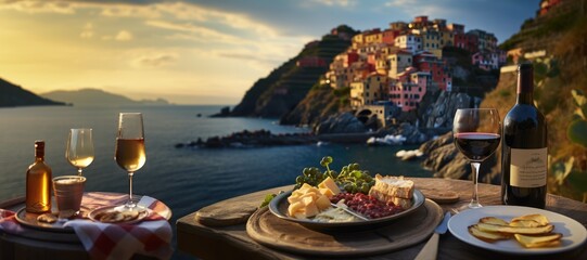 Cinque Terre Delights: Italian Pasta and Seafood, Enhanced with Tomato Sauce and Wine, Adorn a Table with a View, Creating a Scenic Culinary Experience Overlooking the Mediterranean Landscape. - obrazy, fototapety, plakaty