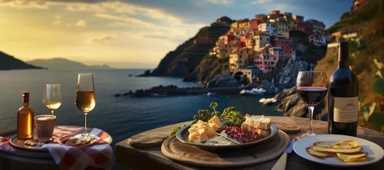 Fotobehang Cinque Terre Delights: Italian Pasta and Seafood, Enhanced with Tomato Sauce and Wine, Adorn a Table with a View, Creating a Scenic Culinary Experience Overlooking the Mediterranean Landscape. © Mr. Bolota