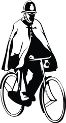 Cartoon Black and White Isolated Illustration Vector Of A Policeman Officer On A Bicycle
