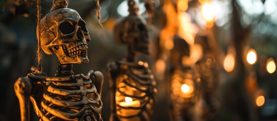 Halloween decor: skeletons hung by the neck with dark silhouettes. - obrazy, fototapety, plakaty