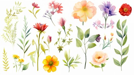 Fototapeta premium Watercolor set of flowers on white background