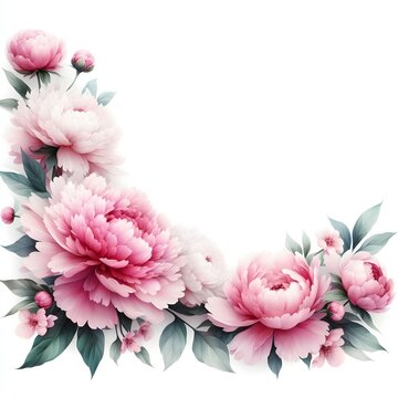 Pink peony flowers arranged as a border, 2 sides.
