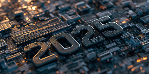 new year 2025 digital background with futuristic circuit board structure - obrazy, fototapety, plakaty