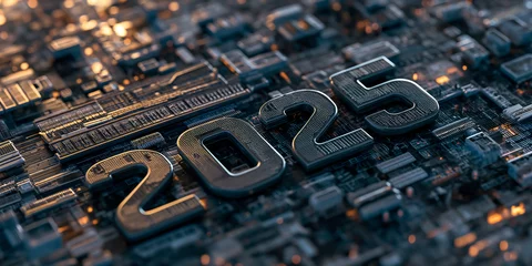 Deurstickers new year 2025 digital background with futuristic circuit board structure © CROCOTHERY