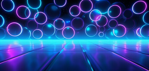 Neon light design featuring an array of turquoise and lavender circles on a dotted 3D background