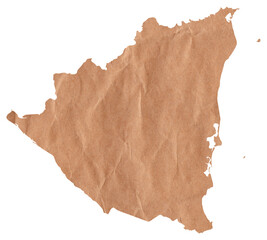 Map of Nicaragua made with crumpled kraft paper. Handmade map with recycled material