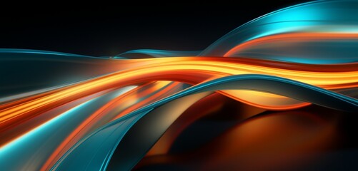 Neon light design with intertwining orange and teal ribbons on a deeply textured 3D surface
