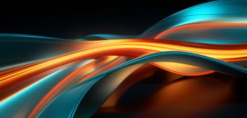 Foto op Aluminium Neon light design with intertwining orange and teal ribbons on a deeply textured 3D surface © Raj Pal creation 