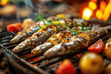 Grilled sardines with peppers, olive oil, and bread. Traditional Portuguese food, typical of popular festivals, popular saints Portugal - obrazy, fototapety, plakaty