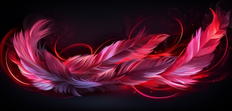 Neon light graffiti featuring a cascade of dark red and white feathers on a feathery 3D background