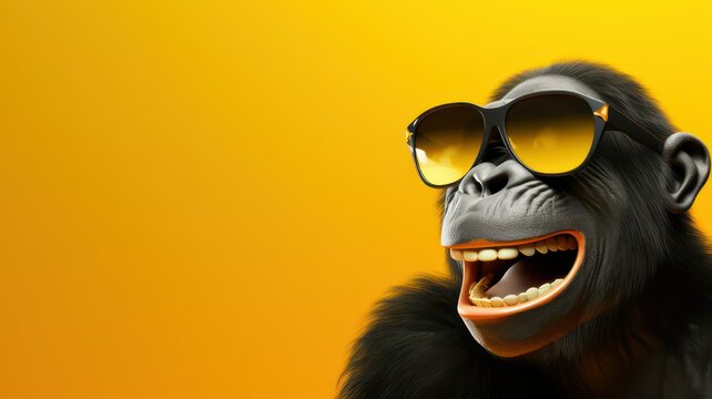 Funny laughing chimpanzee with sunglasses cartoon style on bright yellow background with lots of copy space created with Generative AI