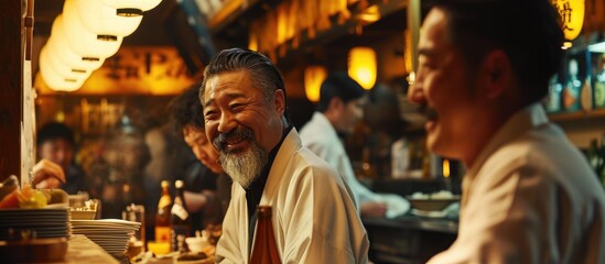 A Chinese businessman smiles at a bearded man while a waiter serves a man in a sushi suit.