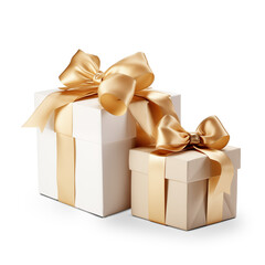 Two Elegant white & Cream Gift Boxes with Golden Ribbons | Birthday & Christmas Gif box | Isolated on Transparent & White Background | PNG File with Transparency 