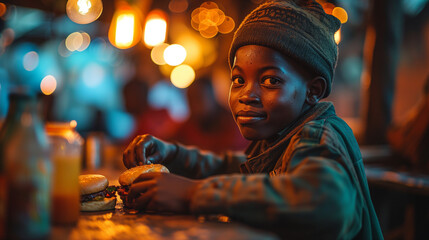 A poor black African boy eating burger for the first time 