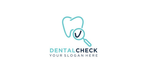 Medical dental care logo and checking check mark with magnifying glass. Medical Dental Care logo design