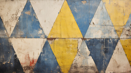 A blue and yellow triangle pattern on a wall - damaged painted surface - vintage background